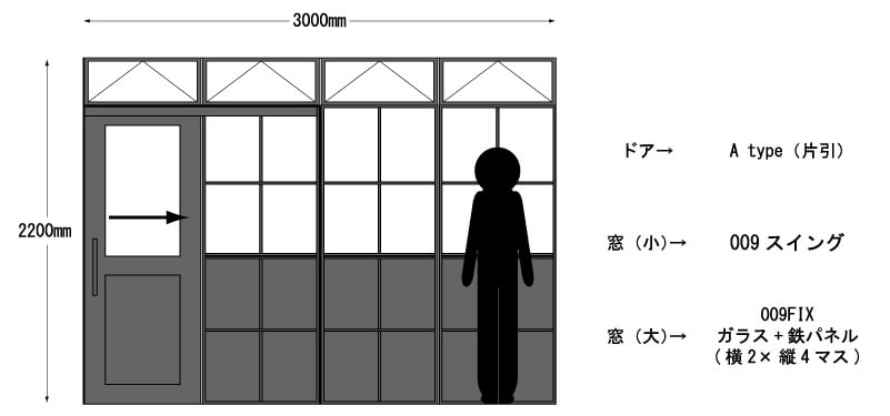 アイアン窓やアイアンドアを組み合わせてアイアンパーテーションとして設置する場合を　イラストでご紹介